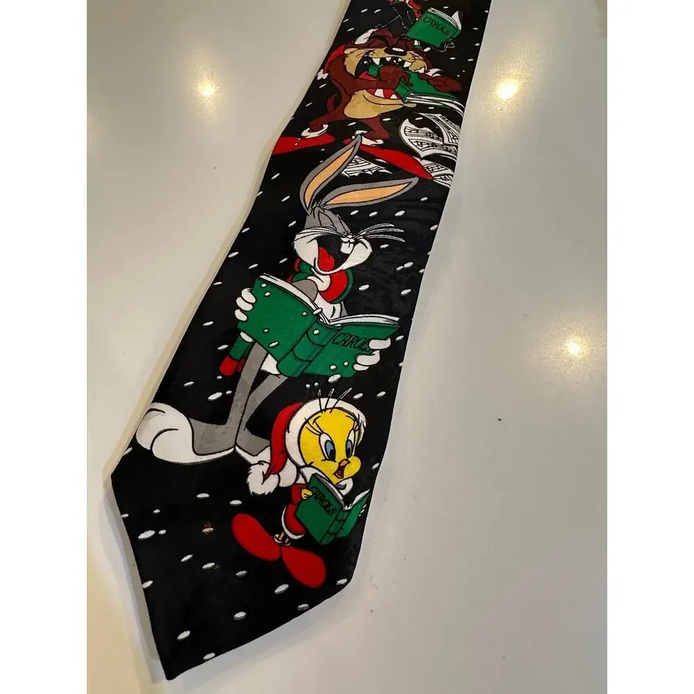 Looney Tunes Mania Black Christmas Golf 100% Silk Neck Tie